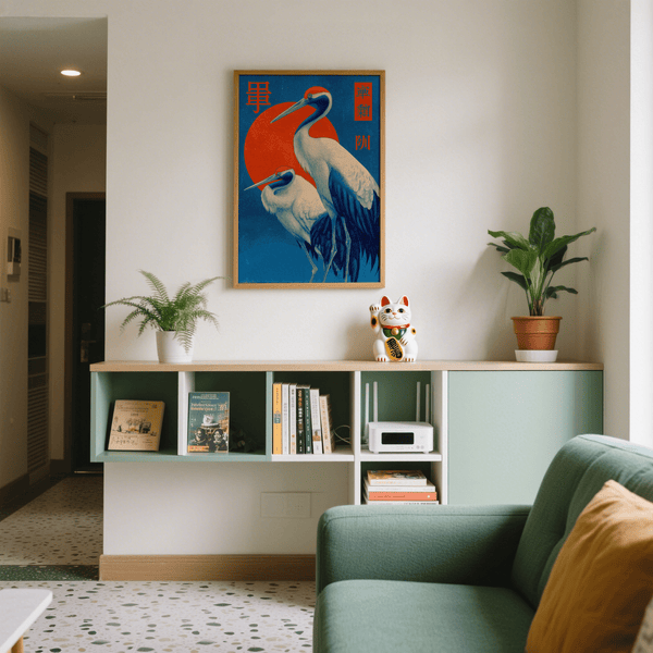 Impression artistique minimaliste représentant des grues en rouge, bleu et blanc pour décorer le mur d'une salle d'étude