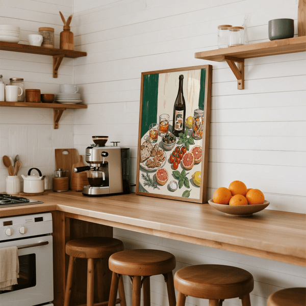 Impression artistique représentant des aliments et des boissons, avec des couleurs vives vertes et blanches, pour une affiche de salle à manger.