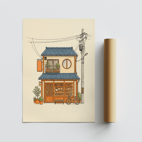 Impression artistique de style japonais avec des détails orange pour décorer les murs de votre chambre à coucher