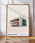 Affiche représentant un bâtiment moderniste de deux étages de style Bauhaus pour des studios de design