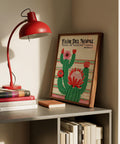 Décoration murale traditionnelle mexicaine représentant des cactus et des fleurs, dans le style des affiches traditionnelles.