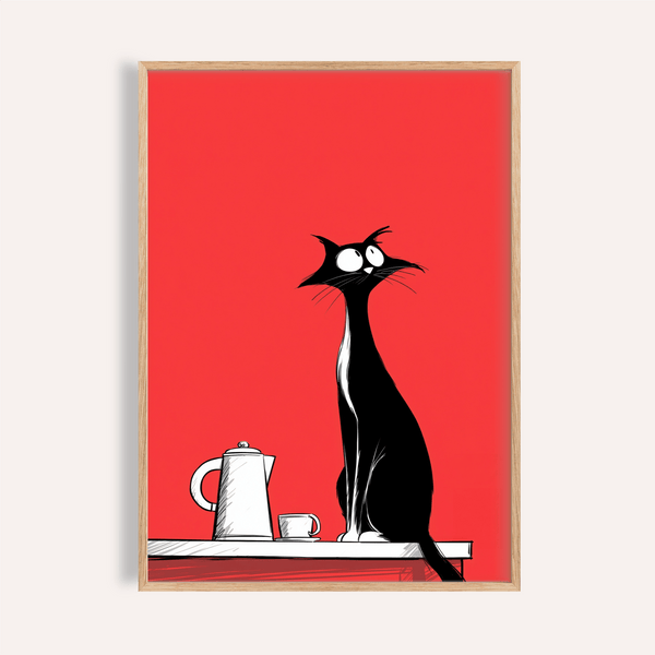 Décoration murale fantaisiste avec chat noir, fond rouge, affiche pour cuisine