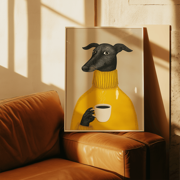 Illustration murale représentant un chien, chien espiègle jaune et noir pour décoration de cuisine