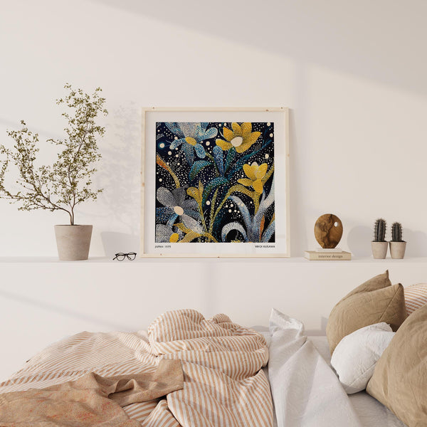 Décoration murale botanique inspirée des textures pointillées et du style japonais de Yayoi Kusama.