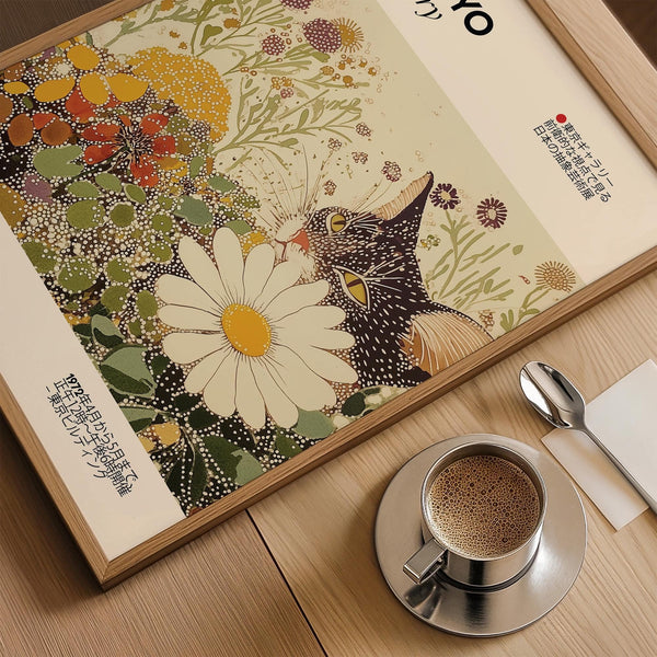 Décoration murale moderne vintage représentant un chat, dans un style d'inspiration japonaise