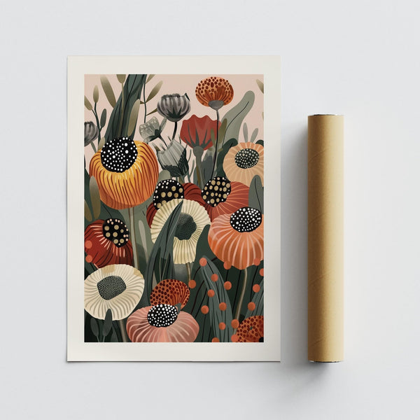 Impression murale orange brûlé avec des lignes douces et des formes florales stylisées