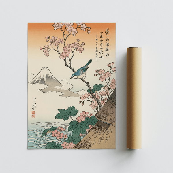 Décoration murale Japanese Cherry Blossom Art en rose, vert et bleu pour un espace de bureau serein