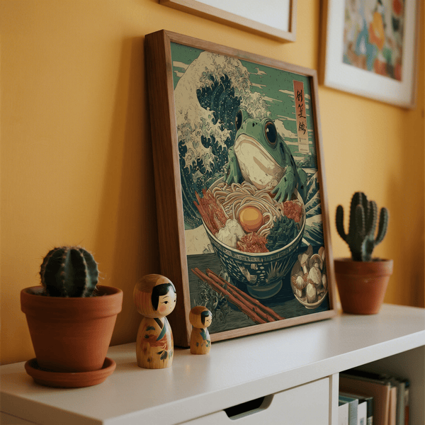 Impression murale Frog Ramen Art aux couleurs vives et vertes pour les cuisines contemporaines