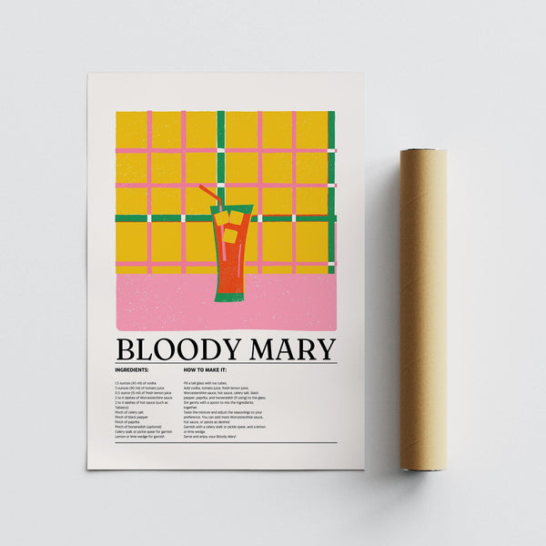 Affiche stylisée représentant un cocktail Bloody Mary avec un motif quadrillé et une paille rouge.