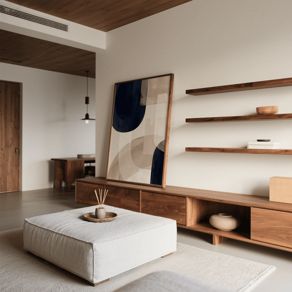 Affiche imprimée minimaliste Shapes en bleu et beige pour une décoration élégante dans votre couloir