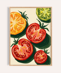 Tomates italiennes Impression aux couleurs rouge, orange et verte, idéale pour une décoration murale dans une cuisine.