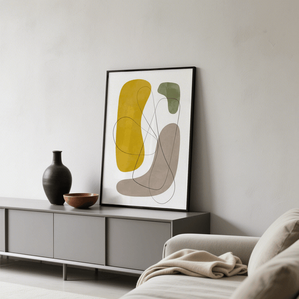 Art mural abstrait moderne, lignes noires, idéal pour un salon minimaliste