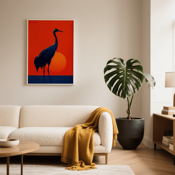 Impression artistique représentant des grues bleues et jaunes, idéale pour décorer une chambre à coucher.