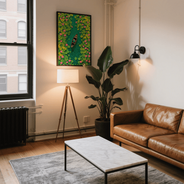 Affiche artistique « Water Lily » (Nénuphar) aux couleurs vives, vert et rose, pour votre entrée