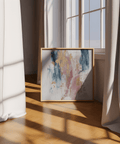 Impression artistique moderne « Pink Abstract Square Art » en rose, bleu et or pour salon