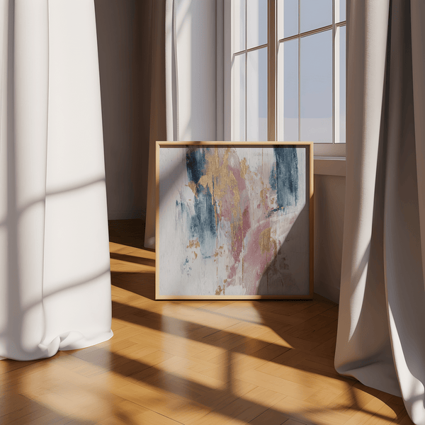 Impression artistique moderne « Pink Abstract Square Art » en rose, bleu et or pour salon