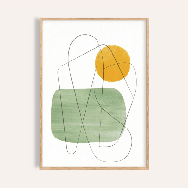 Décoration murale simple et minimaliste en vert, jaune et blanc pour le salon