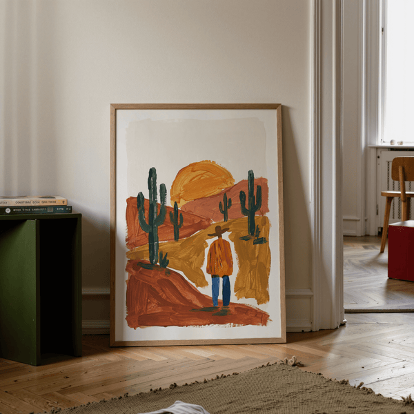 Impression artistique représentant un paysage désertique, offrant une vue sereine du sud-ouest, pour la décoration de bureau.