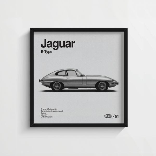 Impression murale Jaguar E-type, blanc et gris, décoration moderne pour espace de travail