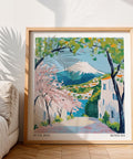 Affiche japonaise représentant un paysage printanier avec une montagne enneigée et des arbres.