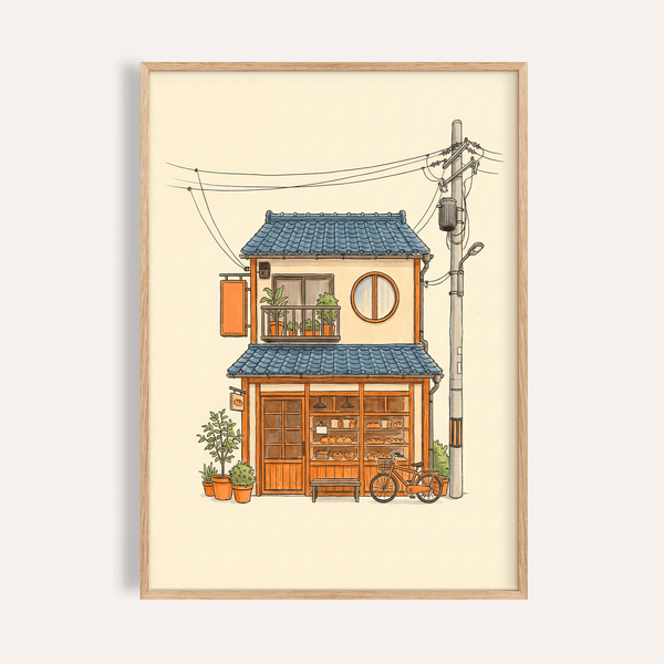 Impression artistique de style japonais avec des tons orange et bleu pour décorer les murs de votre salon