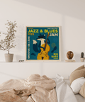 Impression artistique Jazz Blues utilisant le bleu et le blanc dans un salon moderne