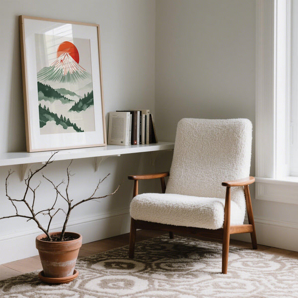 Soleil rouge et collines verdoyantes dans une estampe japonaise contemporaine représentant le mont Fuji.