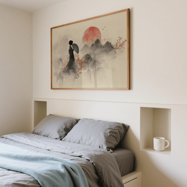 Poster mural oriental à l'encre noire avec des fleurs rouges pour décorer les murs d'un couloir