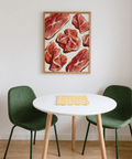 Affiche artistique représentant un jambon de Parme dans une cuisine moderne, dans des tons rouges et blancs.