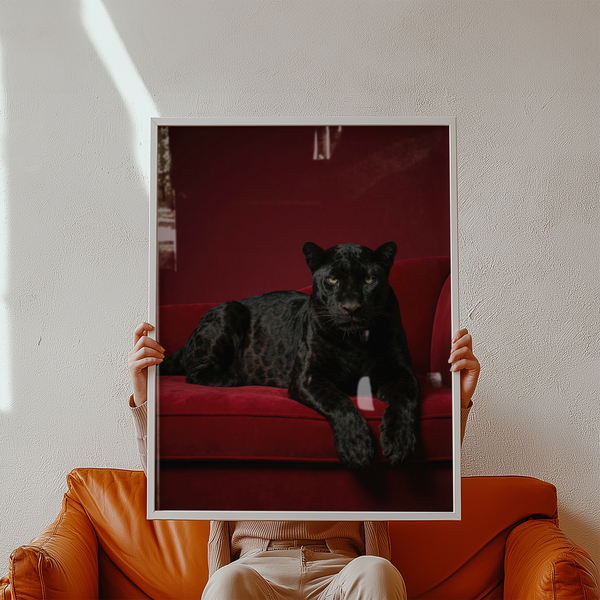 Luxury Panther Art showing black panther on red, perfect for bold bedroom decor