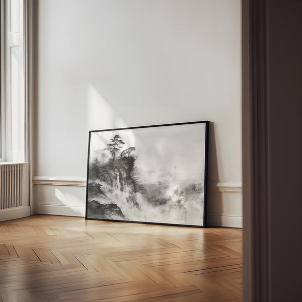 Tigre majestueux debout au-dessus d'une cascade, peinture traditionnelle à l'encre, reproduction d'art asiatique représentant un tigre.