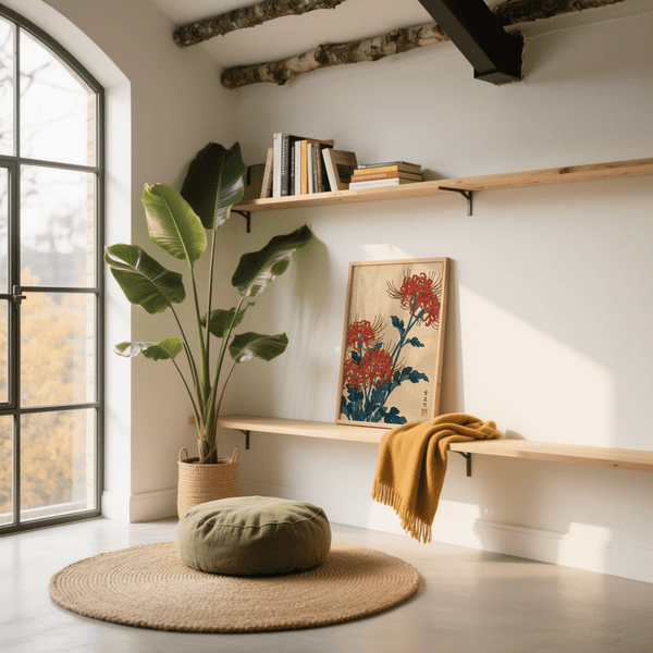 Décoration murale japonaise florale, fleurs rouges sur feuilles bleu-vert pour rehausser votre entrée