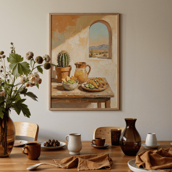 Affiche Mexican Food Art pour cuisine, représentant les couleurs marron, beige et vert