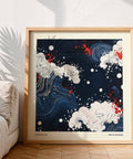 Art japonais côtier dans des tons bleu profond avec des motifs de vagues stylisés