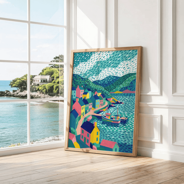 Impression artistique colorée sur le thème du littoral pour décorer les murs d'un studio créatif, dans les tons rose et vert.