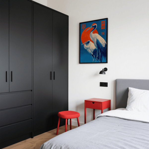 Impression artistique Contemporary Cranes, fond bleu avec rouge et blanc, affiche pour salle à manger