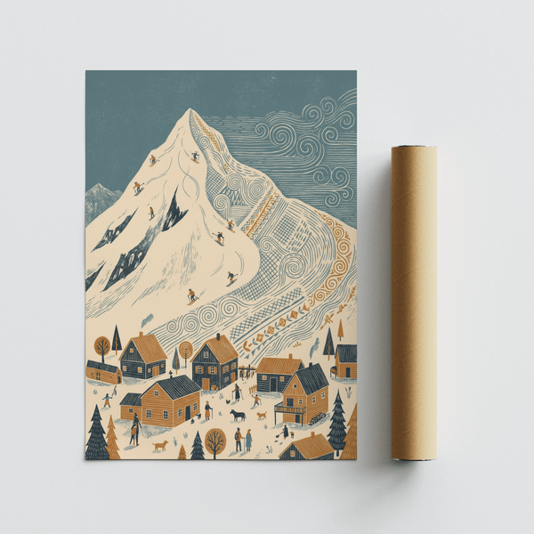 Impression artistique « Winter Mountain » en bleu, orange et beige, parfaite pour une chambre d'enfant