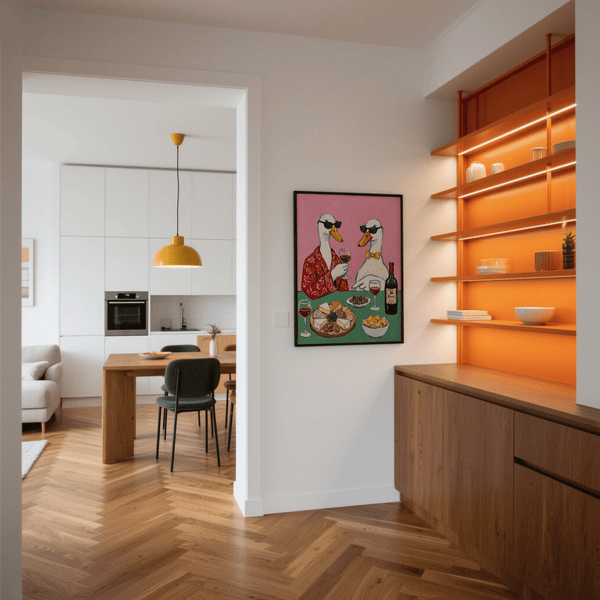 Affiche « Vin et fromage », fond rose, détails verts, pour décorer les murs de votre maison