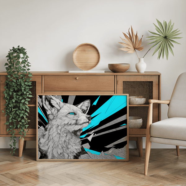 Impression artistique rétro Fox avec une palette de couleurs bleu et gris saisissante pour le couloir