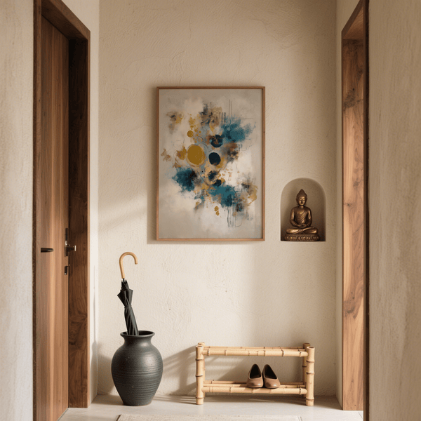 Impression d'art moderne aux couleurs bleu, or et beige pour décorer les murs d'un studio créatif