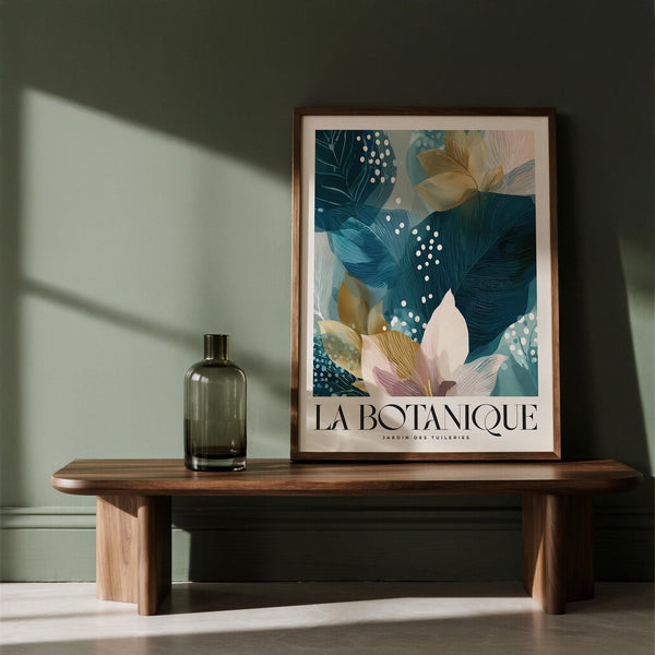 Illustration botanique avec des feuilles bleu sarcelle texturées et des détails dorés