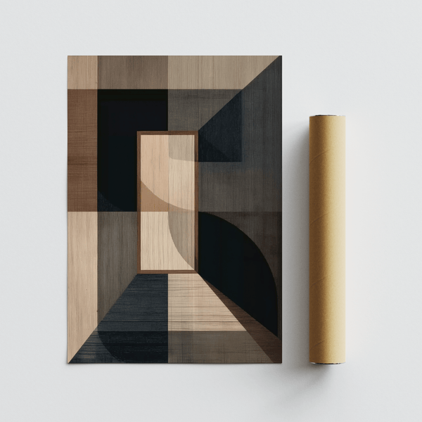 Impression artistique géométrique Wabisabi utilisant le noir, le gris et le beige pour décorer les murs d'une chambre à coucher