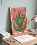 Art coloré représentant des oiseaux et des cactus pour décorer votre couloir, mettant en scène des oiseaux espiègles et des cactus.