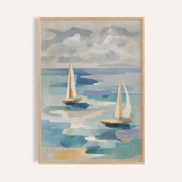 Art aquatique représentant un voilier dans les tons gris, bleu et beige pour décorer les murs de votre salon