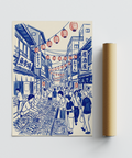 Japanese Street Market Art wall art, Blue-Red-White color, living room décor