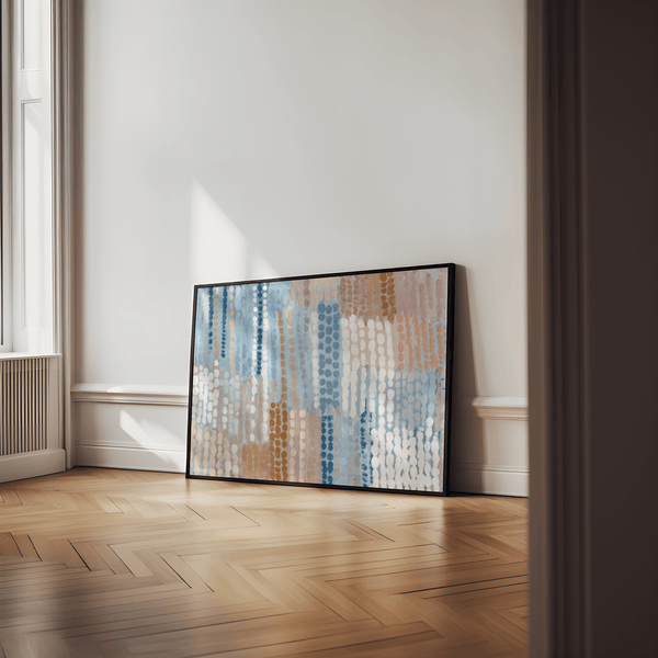 Impression artistique moderne aux motifs abstraits bleu pastel et rose, avec des tons bleus, roses et beiges, parfaite pour la décoration d'une chambre à coucher.