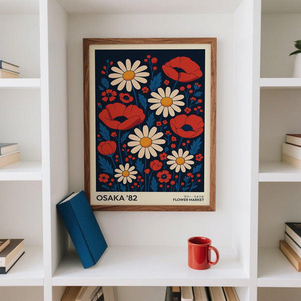 Affiche artistique audacieuse représentant un motif floral rouge, blanc et doré