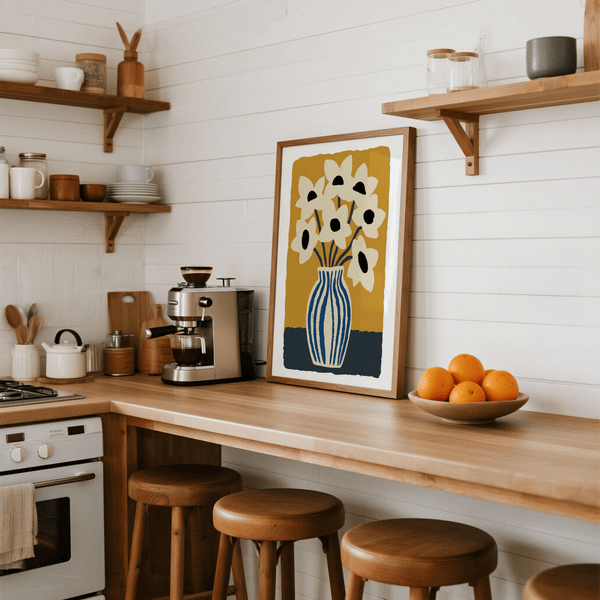 Impression artistique Fleurs bleues et jaunes, parfaite pour décorer une chambre à coucher