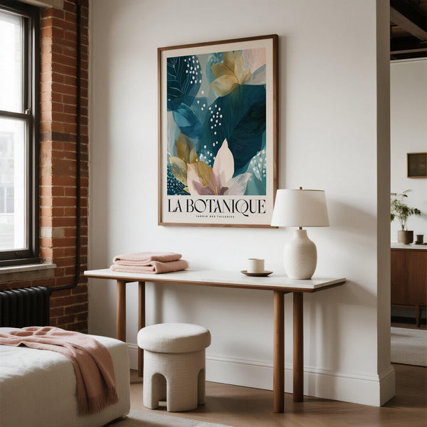 Œuvre d'art botanique abstraite représentant des fleurs superposées bleu sarcelle et rose pâle