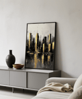 Gold and Black Skyline Poster decorative art print for hallway in gold and black colors